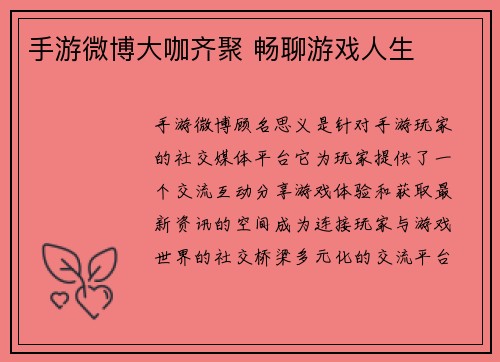 手游微博大咖齐聚 畅聊游戏人生